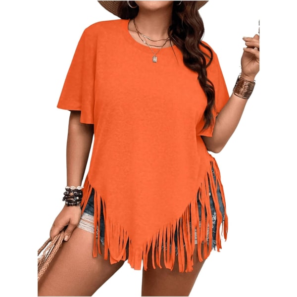 dusa Dam Plus Size franskant Halvärm T-tröja med rund hals Lång T-shirt Orange 3X-Large Plus