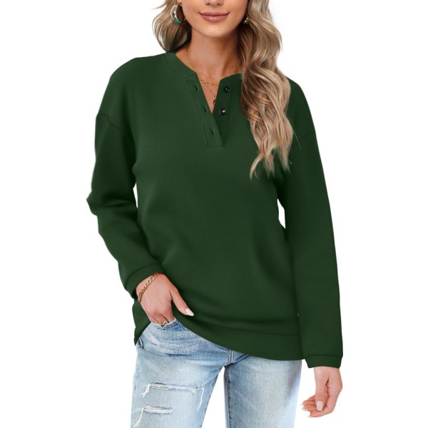 EFAN Casual Sweatshirts för kvinnor Henley Button Up Långärmad Tunika Toppar 05a-mörkgrön X-Large