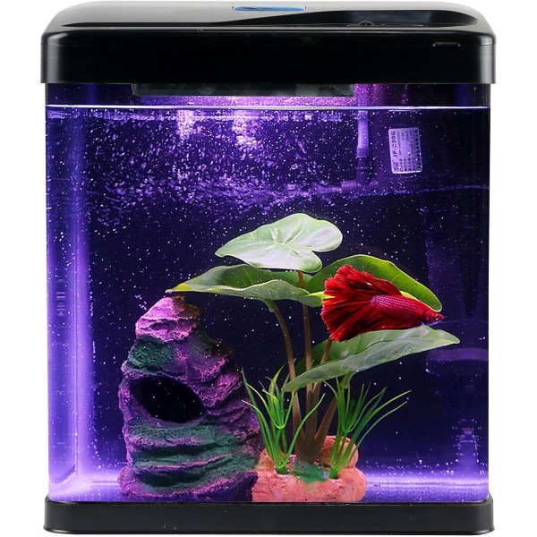 ta Fish Tank Självrengörande glas 2 gallon Small Nano Aquarium Start Kit Desktop Room Decor with LED Light Decorations & Black