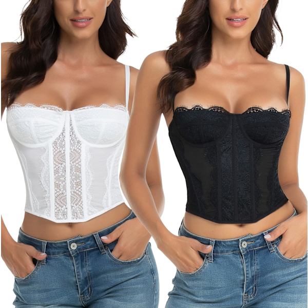node Spetskorsett Crop Tops för kvinnor - Sexig modeklubb Bodysuit med spänne… 2p - Svart & Vitt Medium