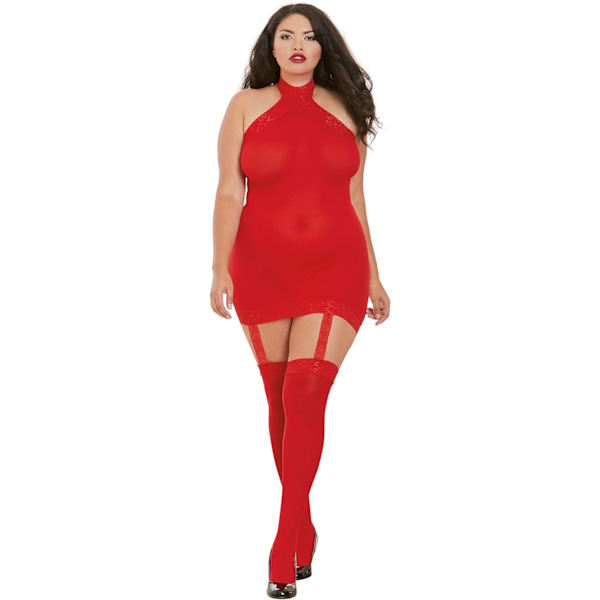 amgirl Plus Size Semi-Transparent Halterneck Strumpebandsklänning med Lårhöga Strumpor Röd One Size