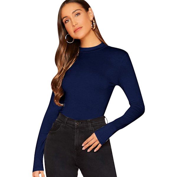 dusa Dam Basic Mock Neck Slim Fitted Långärmad Pullovers Tee Tops Marinblå X-Large