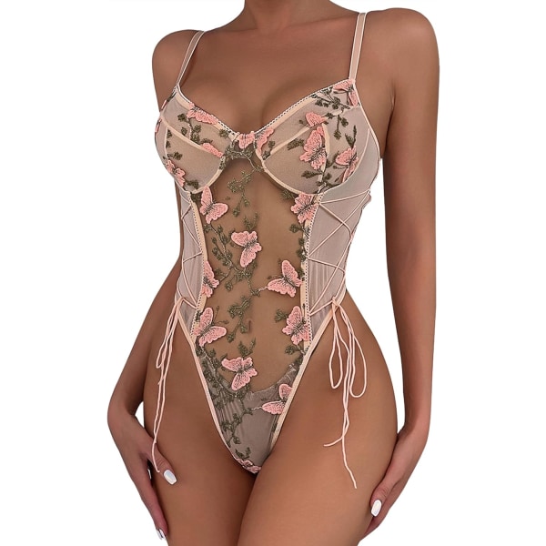 EXY Dam Sexy Lace Up Blommig Broderad Teddy Lingerie Bodysuit Topp Mesh Sheer One Piece Rosa Fjäril Stor