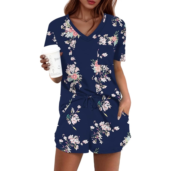 MOON Damkläder Pyjamas Set 2 Delar Lounge Set Söt Kort Pyjamas Med Ficka Sovkläder Rosa Blommig Nav XX-Large
