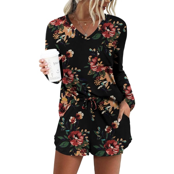 MOON Damkläder Långärmad Lounge Set 2 Delar Söt Kort Pyjamas Set Med Ficka Sovkläder Brun Blommig Bl X-Large