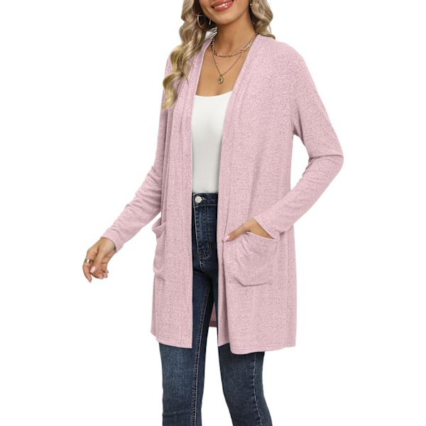 MOON Dam lång kofta 2024 höst lätt långärmad 0pen front tröja med fickor ljusrosa XX-Large