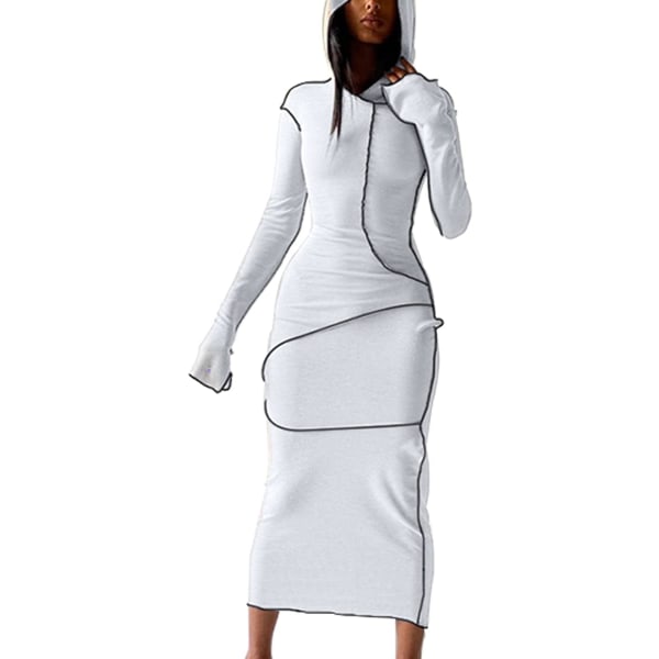 sv Sexig långärmad dam Bodycon Solid hoodie Patchwork Lång klänning med hög midja Vit X-Large