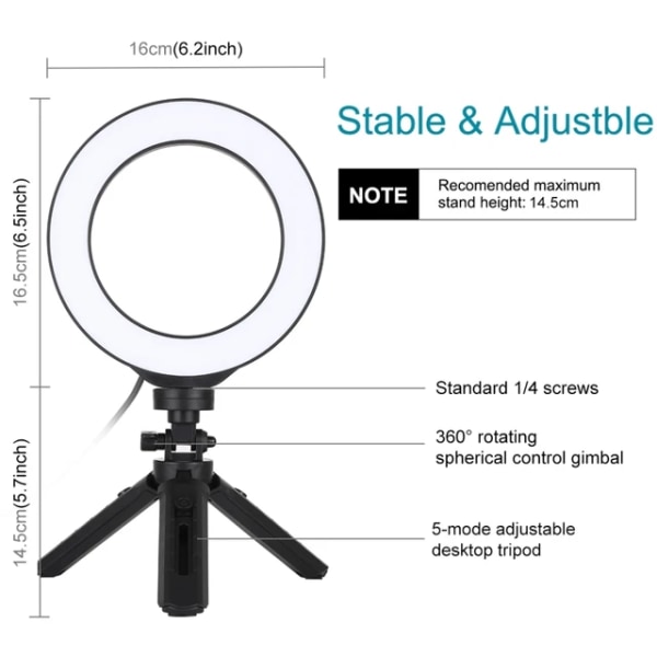 L LED-ring för Selfie, 4,7 / tum, USB, 3 justerbara lägen, stödstativsats