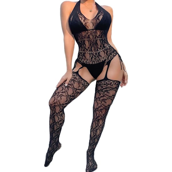 en Lingerie Fishnet Babydoll Sexiga Strumpor Stretch Halter Chemise Kvinnor Sexiga Fishnet Lingerie Bodysuit Sexig Set Blomma Svart