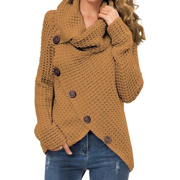 CERELLE Dam Chunky Jumpers Stickad Vinter Varm Tröja Sköldpadda Hals Wrap Asymmetrisk Fåll Tröja Toppar med Knapp för Ladi 07 Ljus Tan Medium