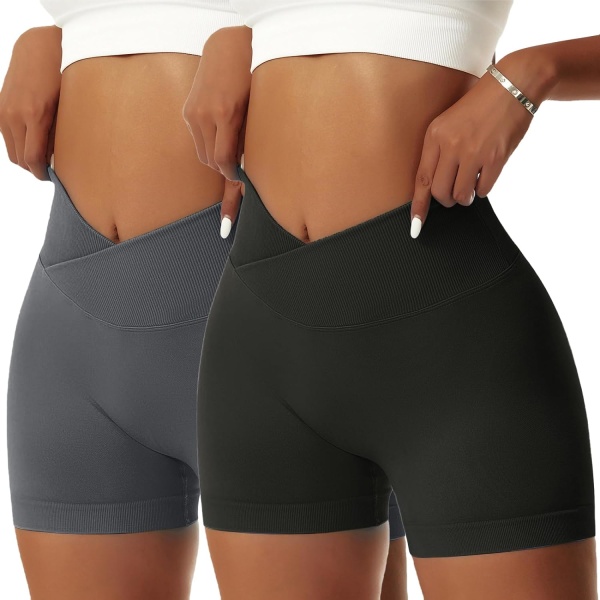 ie Dam Gym Shorts V Cross Elastisk Push Up Yoga Shorts Booty Scrunch Hög Midja Atletiska Leggings 2 st Svart/Mörkgrå Liten