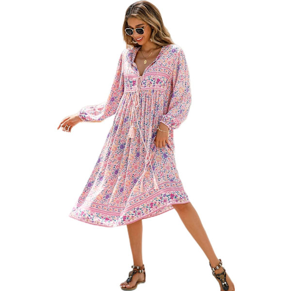 ivimos Dam långärmad blommig retro V-ringad tofs bohemisk midiklänning ljusrosa XX-Large