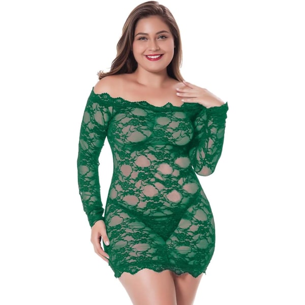 GERLOVE Womens Plus Size Sexiga Underkläder Chemise Blommor Spets Babydoll Se Through Body Underkläder Grön 3X-Large-4X-Large
