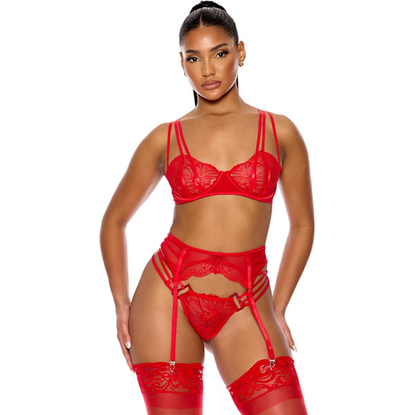 Play Womens Thirst Strap Strappy Lace Demi Cup Bra och Strumpeband Lingerie SetLingerie Set Rose Large