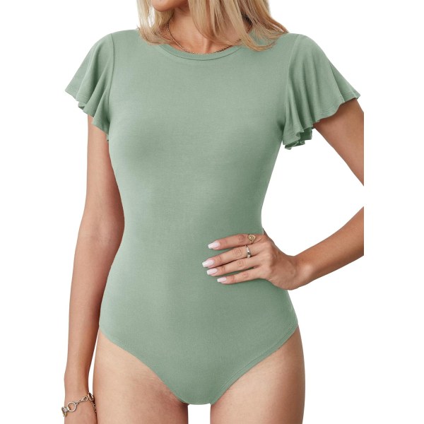 LASI Body med rund hals för kvinnor Volang Kortärmad Slim Fit Casual Basic Stretchig Body Suit Daily Jumpsuit T-shirts 03 Smoke Green X-Large