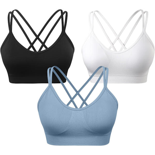NG Dam Cross Back Sport-BH Vadderad Rem Sports-BH med Medium Support Yoga-BH för Träning Fitness 3-pack 3pack(svart+vit+himmel) Medium