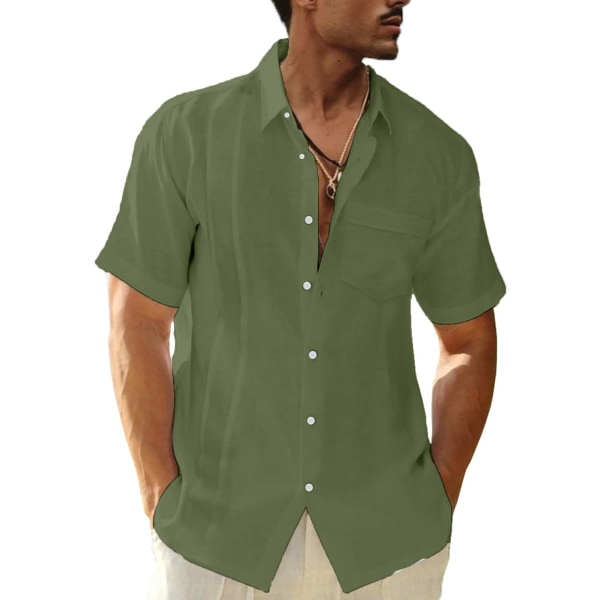 BL herrlinne skjorta kortärmad sommarskjorta herr casual skjorta med bröstficka regular fit herrskjortor armégrön stor
