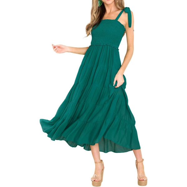 ivimos Dam Sommar Bomull Justerbara Remmar Boho Randig Casual Flowy A Linje Midi Klänning med Ficka Grön#2 Stor