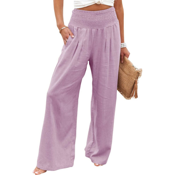 a Women Summer High Waisted Cotton Linen Palazzo Pants Wide Leg Long Lounge Pant Trousers with Pocket Purple Medium