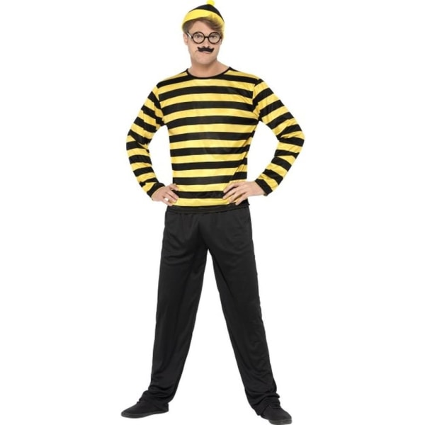 iffys herr Where's Wally Odlaw kostym, topp, byxor, hatt, mustasch och glasögon, storlek: M, färg: svart och gul, 41309