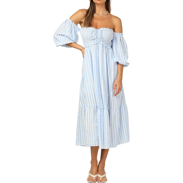 ivimos Sommarklänning för kvinnor Bomull Rutig Puffärmar Boho Off-Shoulder Casual Ruffled Flowy Midiklänning Skyblue-rutig Stor