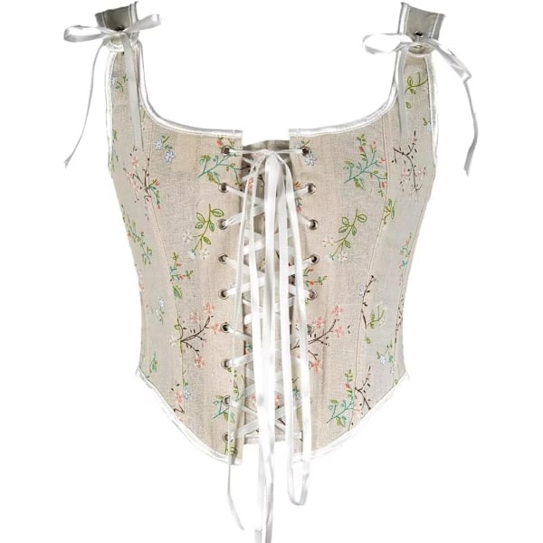 finmag Renaissance Korsett Toppar för Kvinnor Overbust Bustier Vintage Blommig Crop Top Tank Vest Snörning Bonad Shapewear Beige Stor
