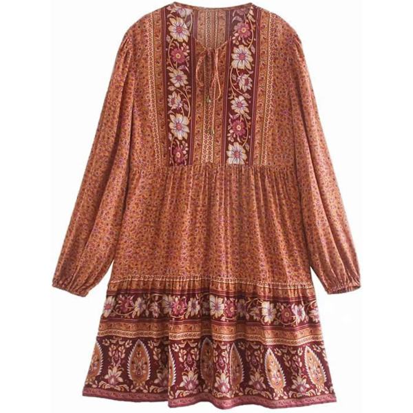 ivimos Dam bomull långärmad blommigt tryck volangfåll casual boho flytande tunika klänning orange X-Small