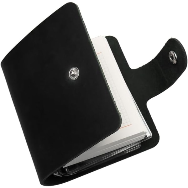 Mini Binder Planner Svart äkta läder 3-Ring Pärm Organizer Plånbok, 120 ark Memo & Weekly Refills med 2st Cle Black Color
