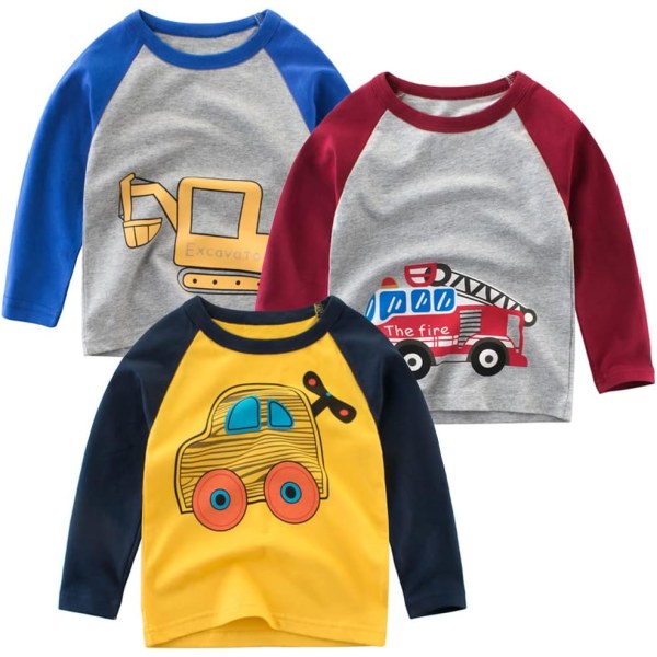 NS Toddler Boys 3-pack långärmad grävmaskin T-shirt 100 % bomull Basic Tops Bilskjorta Set-e 2T