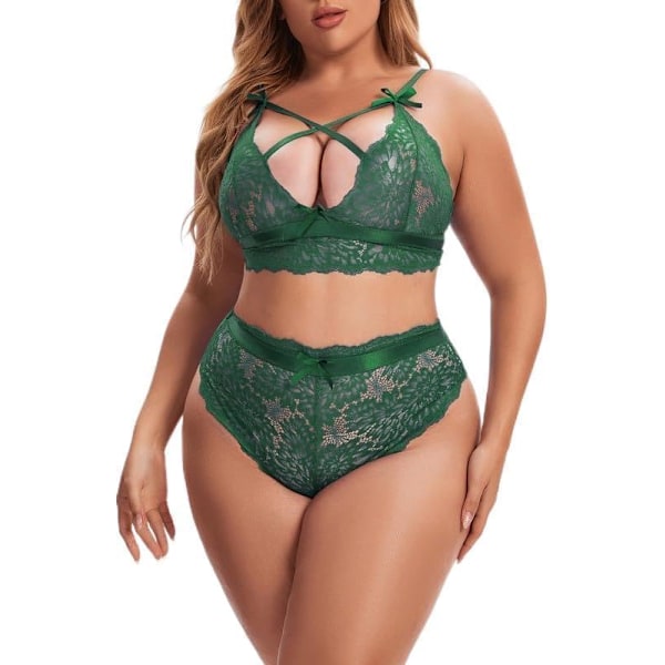 nmei Plus Size Lingerie Set för kvinnor Hög midja BH och trosor set Sexig Criss-cross spets Bralette set 2 delar Underkläder Mörkgrön 4X-Large