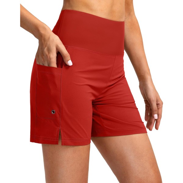 dubbla damshorts 5-tums badbräda med hög midja med telefonfickor UPF 50+ Quick Dry strandshorts för kvinnor med liner Röd liten
