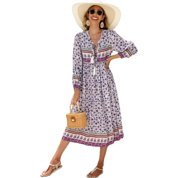 ivimos Dam långärmad blommig tryck retro V-ringad tofs bohemisk midiklänningar flerfärgad #blå X-Large