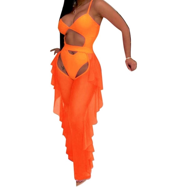 sv Beading Pearl Se Through Sheer Mesh 2 delar Outfits Jumpsuits Crop Top och Hollow Out Ruffle Långbyxor Mesh Orange Large