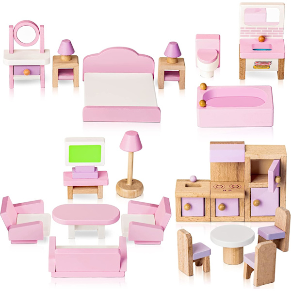 den Dockhusmöbler Set, 5 Rum Kit 22 Delar Miniatyr Dockhus Trä Möbler Tillbehör, Inklusive Kök, Matsal, Vardagsrum, Sovrum,