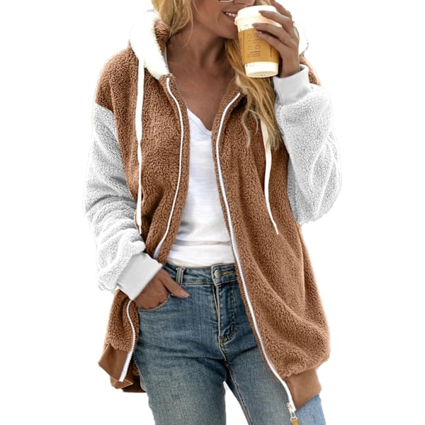 Dam vinter fuzzy fleece jacka huva färgblock lapptäcke kofta rockar oversized fluffig sherpa ytterkläder med fickor