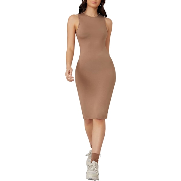 dusa Damkläder Ärmlös Rund Hals Basic Bodycon Blyerts Knälång Klänning Khaki X-Small