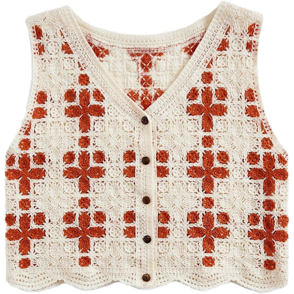 dusa Dam Button Front V-hals Ärmlös Rutig Stickad Tröja Väst Orange Beige Medium