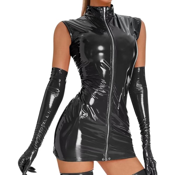 Sexig tankklänning i läder, handskar ingår ej, Wetlook PVC-läder, plus size blank latex höftskjol svart medium