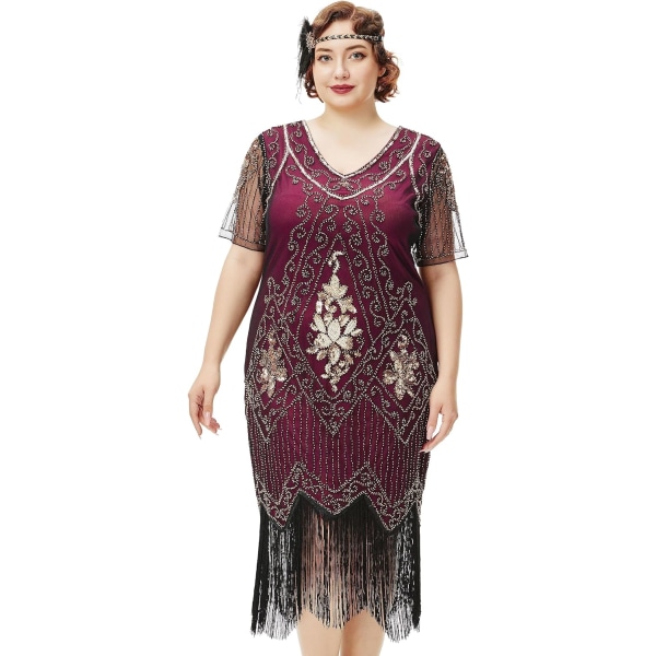 EYOND Plus Size 1920-tal Art Deco fransad paljettklänning Flapper Gatsby kostymklänning för kvinnor Röd och guld XX-Large Plus