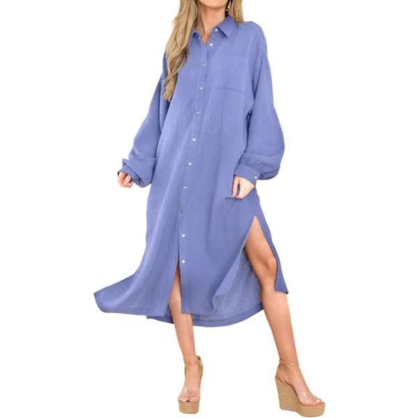 ivimos Dam långärmad bomull oversize klänning casual knäppning lös slits midiklänning med ficka Veryperi X-Large