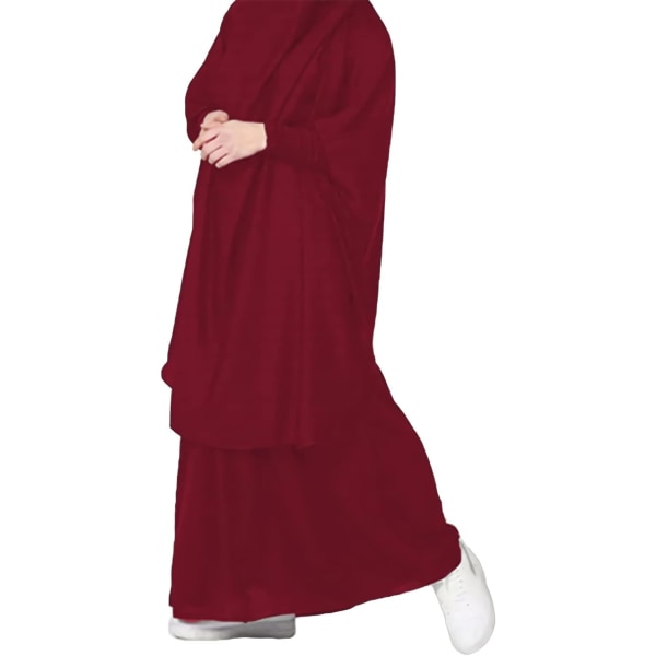 VFPO Dammuslimsk Solid Abaya 2-delad böneklänning med hijab islamisk maxi kaftan Dubai Ramadan hel lång klänning röd vin en storlek