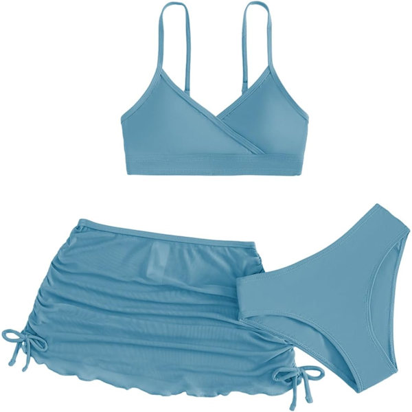dusa Flickors 3-delad Bikini Badkläder Söt Baddräkt Badkläder Hög Midja med Cover Up Strandkjol Dusty Blue 10 år