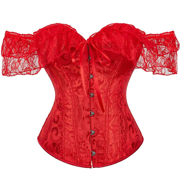 MMUO Damkorsett Topp med Spetsärm Spets Upp Sexig Bustier Lingerie Midjetränare Kostym Toppar Röd 2 X-Small