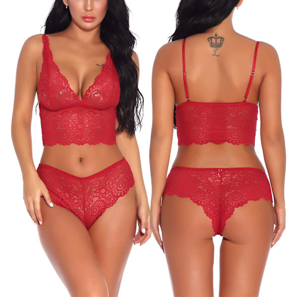 izl Dam Sexy Spets-BH och Trosset Bralette Lingerie 2-delad Babydoll Bodysuit S-XXL (XL, White1) Röd Medium