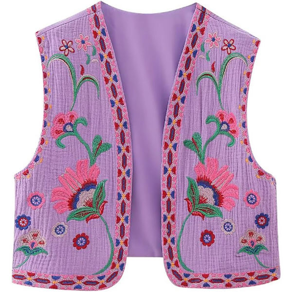 ivimos Dam bomullsbeskuren väst vår sommar ärmlös blomsterbroderi öppen framsida vintage kofta lila-rosa X-Small