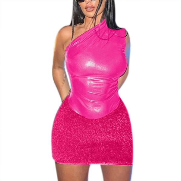 ova Orityle sexig bodysuit med en axel ärmlös för kvinnor Glänsande flytande metallisk bodysuit med luddig kjol Set Hot Pink Medium