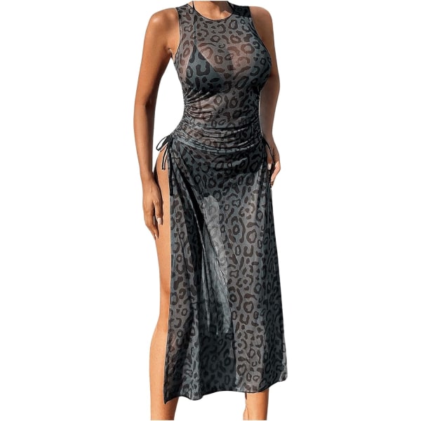 dusa Dam badkläder Mesh Cover Up Hög Split Dragsko Bikini Lång Klänning Svart Leopard Liten