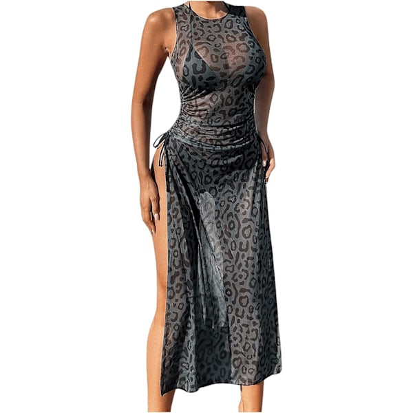 dusa Dam badkläder Mesh Cover Up Hög Split Dragsko Bikini Lång Klänning Svart Leopard Stor