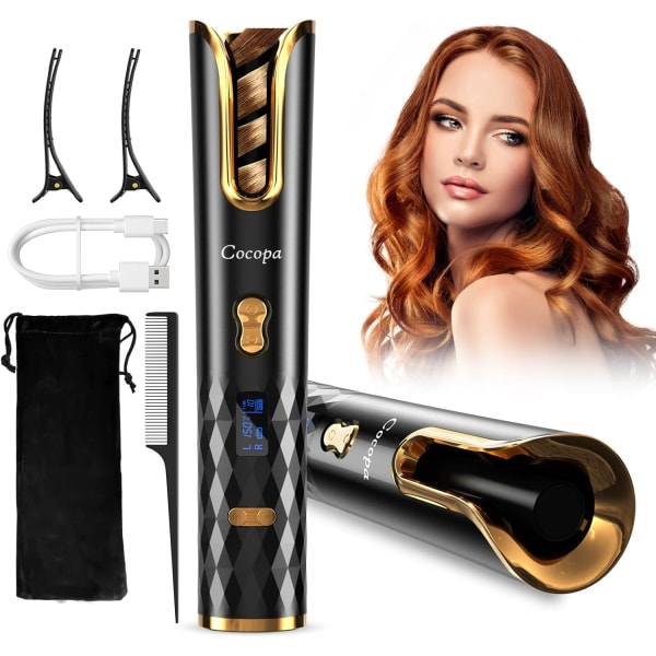 Hr Curler Black Cocopa Hårtång, Automatisk Hårtång med LCD-display & USB-laddningsbar, Sladdlös Hårtång Justerbar Temperatur & Timer,