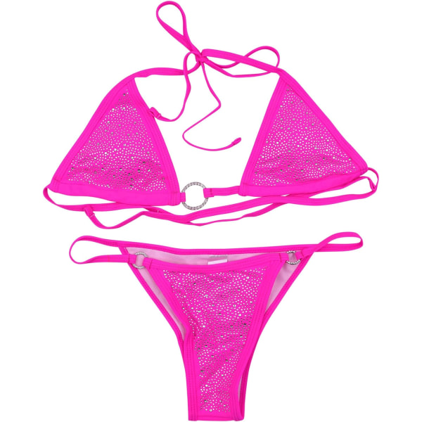 en's Sexy Sparkly Rhinestone Triangle Bikini 2-delad O-ring Tie Back String String String Baddräkt Hot Pink Large